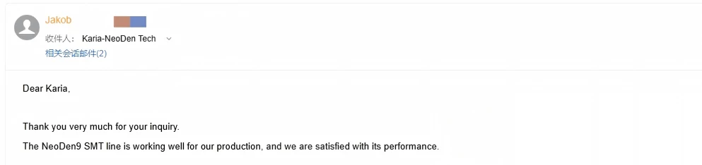 NeoDen9 SMT line customer review email from Jakob NeoDen9 SMT line customer review email from Jakob